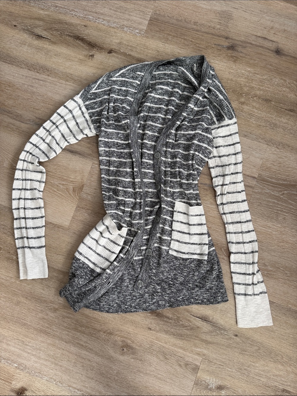 American Eagle Outfitters Gray and Cream Striped Button-Front Cardigan
